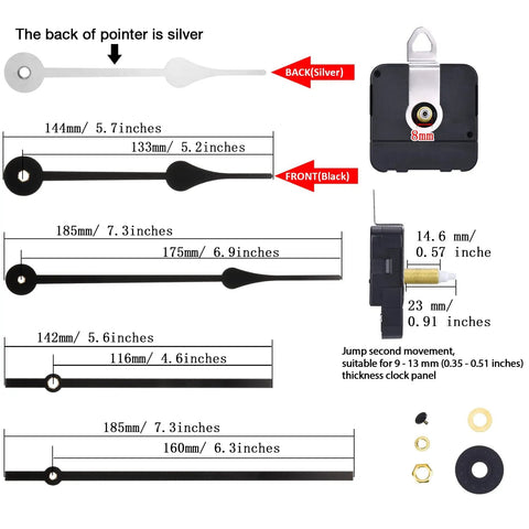 Clock Movement Mechanism With High Torque Long Shaft For Wall Clocks Replacement DIY Quartz Motor Includes Brackets Gasket Washer Hex Screw And Two Pairs Of Hands For Easy Repair dimensions and components.
