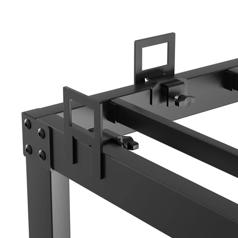 Close-up of Heavy Duty Adjustable Non Slip Mattress Gripper Set For Metal Bed Frame Anchors in black securely clamped.