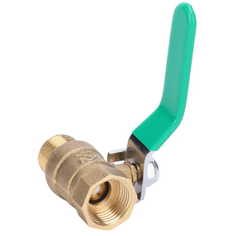Top Shelf One Half Inch Premium Brass Ball Valve For Hot And Cold Water Piping Systems Built Damn Tough For Indoor Natural Gas And No Fuss DIY Home Upgrades Corrosion Resistant Quick Shut Off Design, green handle, side view.