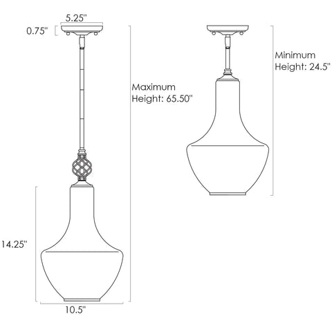 Sydney 15 Inch Modern Pendant Light With Vase Style Seeded Glass Shade Adjustable Height Oil Rubbed Bronze Finish Minimalist Ceiling Light For Living Room Or Dining Area diagram showing dimensions and adjustable height.