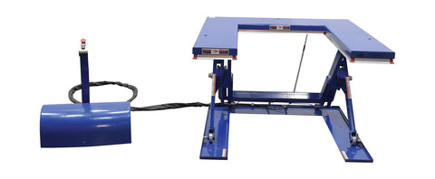 Heavy Duty Electric U Shaped Pallet Lift Table, 3000 Lb Capacity, Blue Powder Coated Steel Frame, side view with control panel.