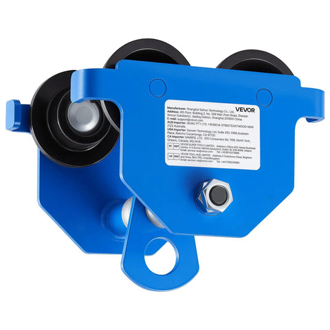 Close-up of blue Heavy Duty Manual Trolley For I Beam With Adjustable Width 2.1 To 5.5 Inches and dual wheel carriage
