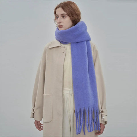 Cozy Large Blanket Wrap Shawl For Women, Soft Thick Knit Scarf Neck Warmer displayed on woman in beige coat, all season throw