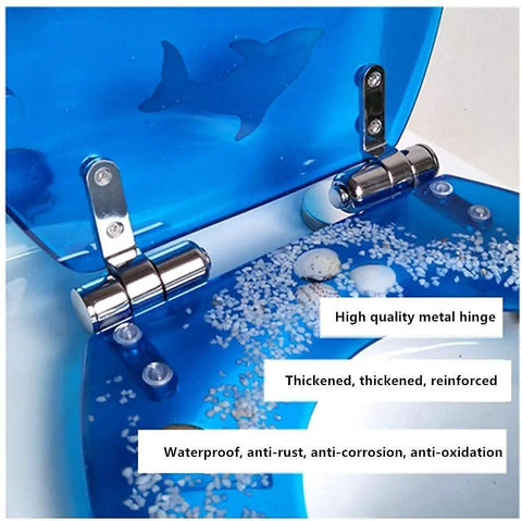Heavy Duty Soft Close Toilet Seat With Dead Simple Quick Release Hinges And Ergonomic Shape crafted tough for a super smooth automatic lowering fit in household bathrooms, featuring blue design and metal hinges.