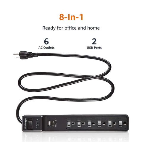 Surge Protector Power Strip With 6 Outlets And 2 USB Ports, 1000 Joule Protection, 6 Foot Cord, Black, Plug And Play Ready All In One Outlet Hub