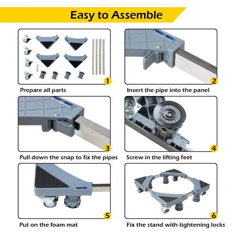 Assembly steps for Adjustable Furniture Dolly With Four Dual Locking Wheels, showing parts, assembly, and completed dolly.