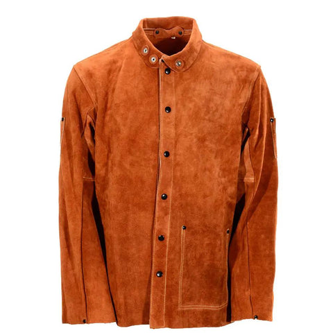 Flame Resistant Heavy Duty Leather Welding Jacket Built Tough With Split Cowhide For Maximum Heat And Spark Protection Kevlar Thread Seams Pro Grade Welders Workwear Medium, front view