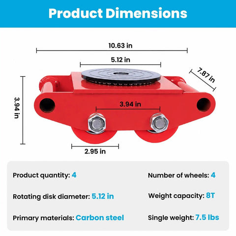 Heavy Duty Machinery Mover Skates Set For 8 Ton Capacity, 4 Pack Carbon Steel Dollies With 360 Degree Tops showcasing dimensions.