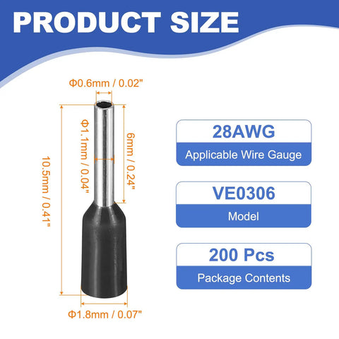 200 Pcs Wire Ferrule Connectors Set Ve0306 28AWG Copper Crimp Ferrules Terminals Insulated Cord End black size diagram