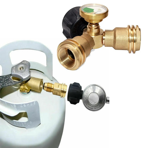 Brass POL To QCC1 Propane Tank Adapter For Barbecue Grills And Lanterns Converts POL LP Tank Service Valve To Type 1 Hose Or Regulator Easy Install Heavy Duty Anti Corrosion Leak Free Old To New shown connected to a propane tank.
