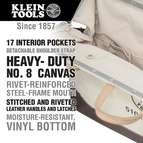 Close-up of 24 Inch Deluxe Canvas Tool Tote With 17 Interior Pockets And Detachable Shoulder Strap showcasing interior pockets and steel mouth