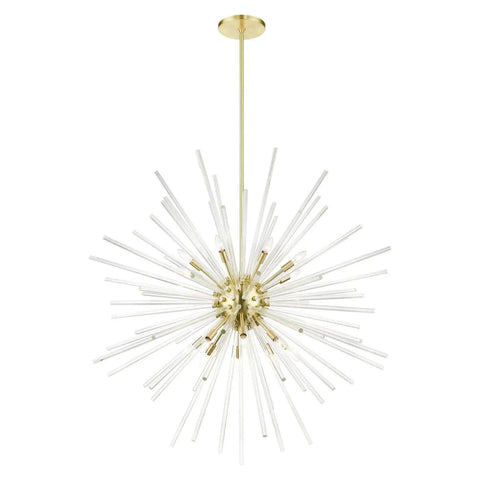 Straight Up 16 Light Satin Brass Foyer Pendant Chandelier With Real Clear Crystal Rods Built Different For Grand Entries And Modern Homes Damp Rated, starburst design with clear rods.