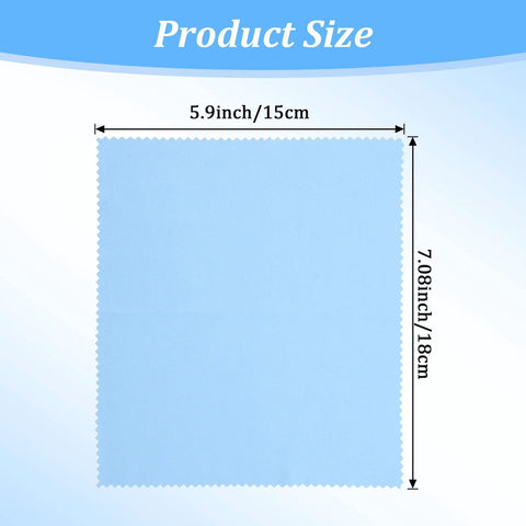 Blue microfiber cleaning cloth for glasses, 5.9x7.08 in (15x18 cm) with pinked edges.
