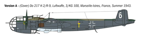 Side view of Dornier Do 217 K1 K2 Bomber Model Kit with Fritz X Bombs 1/72 Scale, unpainted plastic for dioramas.