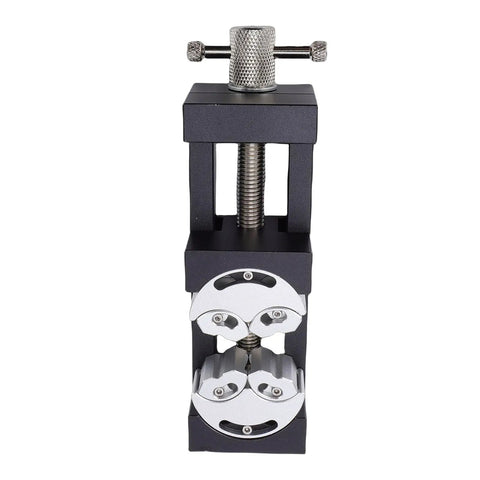 Heavy Duty Mini Vise Clamp For Drill Press Bench Made From Solid Aluminum Alloy With Self Adjusting Smart Grip viewed from front, showing design and clamp detail.