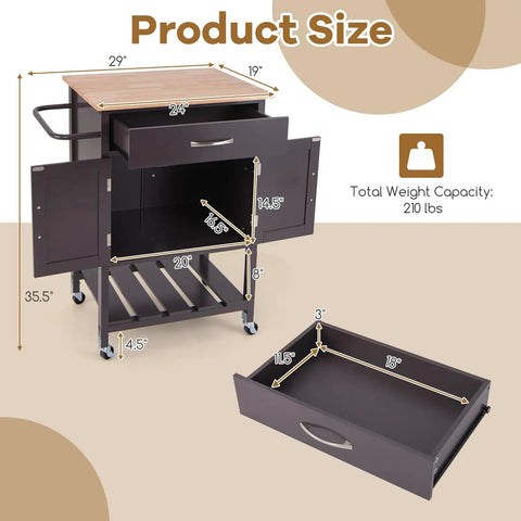 Slick Rolling Kitchen Island Cart With Dope Rubberwood Top And Quick Release Drawer Perfect Go To Coffee Bar Station With Deep Open Shelf And Convenient Towel Rack In Warm Honey Brown size dimensions and details.