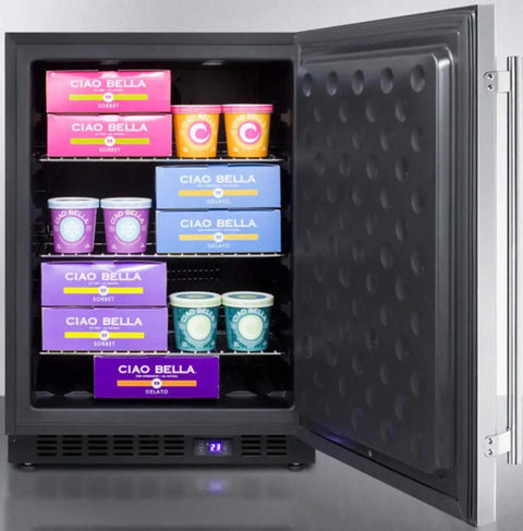 Premium Stainless Steel Under Counter Upright Freezer With True Frost Free Tech And Precise Digital Thermostat For Built In Or Standalone Setup In 24 Inch Kitchens Straight Up Storage Game Changer, filled with gelato and sorbet.