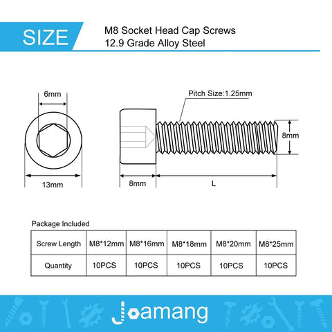 Diagram of Hex Socket Head Cap Screws Kit M8 X 12mm 16mm 18mm 20mm 25mm 12.9 Grade Alloy Steel Black Oxide Finish with dimensions