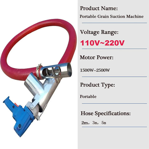 Portable grain suction machine with red hose and metal inlets, voltage 110V-220V, motor power 1500W-2500W, heavy-duty equipment.