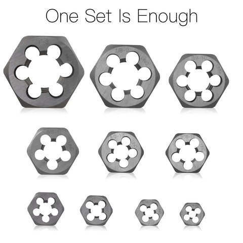 Rethreading Hex Pipe Die Set 10 Pc UNC Right Hand Hex Die Kit with high carbon steel, displayed in various sizes.