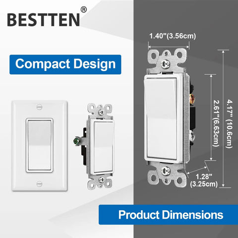 Dimensions of Single Pole Decorator Light Switch With Wall Plate, 15A 120/277V, showing front and side views with compact design.