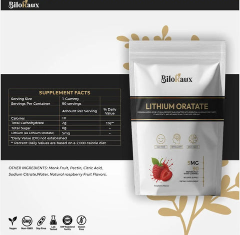 Bag of Lithium Orotate Gummies With 5 Mg Microdose For Chill Focus And Everyday Balance Natural Raspberry Flavor 90 Vegan Gummies Non GMO Third Party Tested Premium