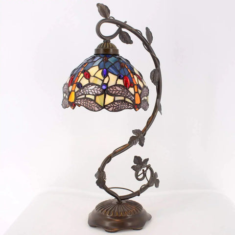 Stained Glass Tiffany Style Dragonfly Table Lamp With Blue Yellow Glass Shade Dope Bronze Metal Leaf Base 21 Inch Tall Desk Light