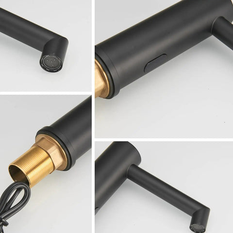 Collage of Matte Black No Touch Bathroom Faucet Sensor Powered By Batteries Single Hole Deck Mount For Commercial Sinks