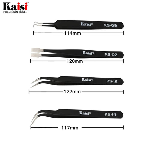 Detail of 4 sizes in ESD Anti Static Precision Tweezers Set Includes 8 Pairs Of Stainless Steel Tweezers Plus Double Headed Crowbars