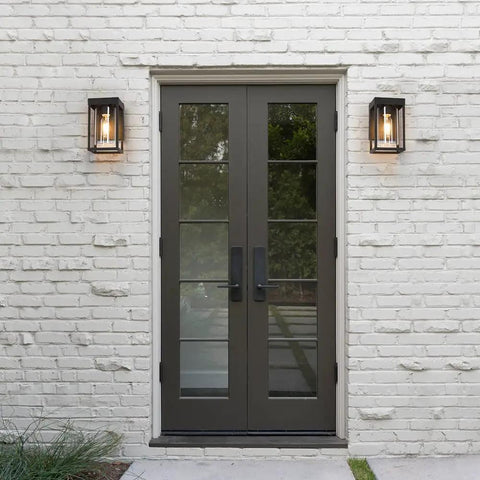 2 Pack Black Outdoor Wall Light Fixtures Dusk To Dawn Exterior Lantern Sconce 9 Inch Height on white brick wall at entry door