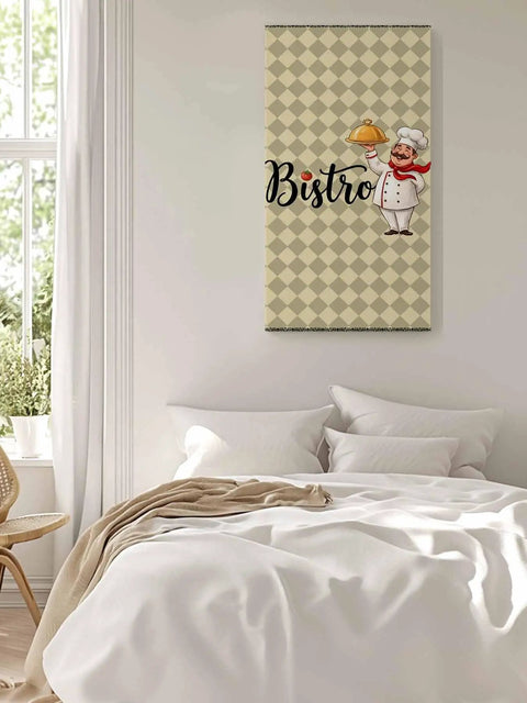 Vintage Cook Canvas Wall Art Print For Kitchen And Home Decor, cozy plaid kitchen artwork ready to hang, shown in bedroom.