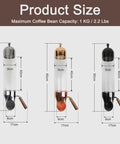Wall Mounted Coffee Bean Dispenser With Adjustable Output Control And Clear Borosilicate Glass Tube with size dimensions in silver, gold, and black finishes.