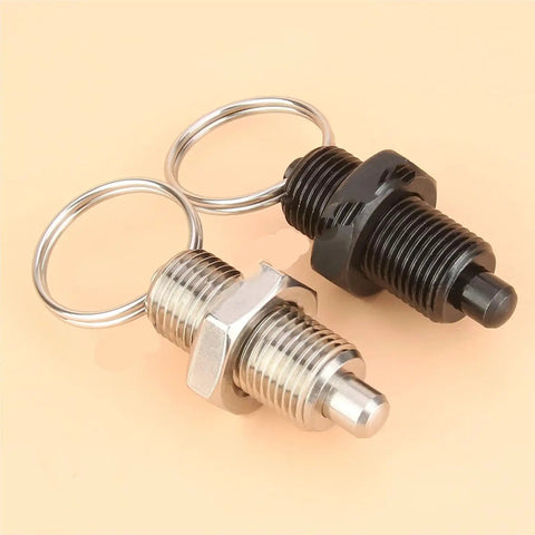 Built Tough Stainless Steel Retractable Index Plunger With Pull Ring And Locking Screw, featuring stainless steel and black finish.