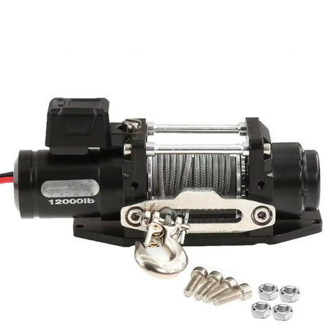 Heavy Duty Metal Electric Winch Upgrade Kit For Traxxas TRX4 And SCX10 RC Crawler Cars with metal body and winch line.