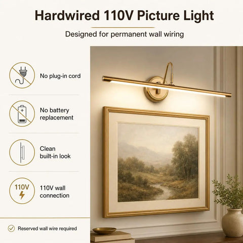 Brass Finish 24.4 Inch Hard Wired Led Picture Light With Swing Arm Wall Mount For Paintings Slim 14W Warm White 3000K Display Sconce