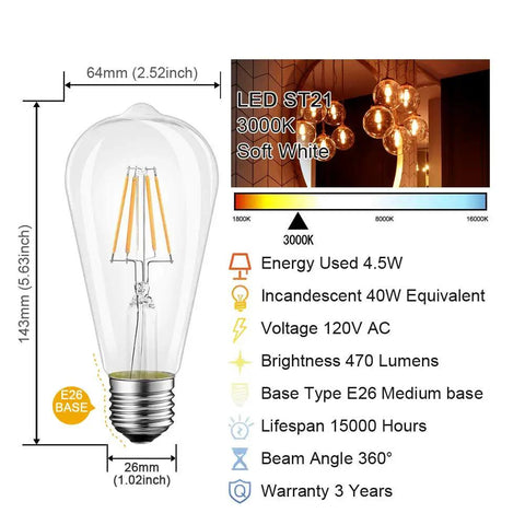 ST21 Vintage LED Edison Bulb 4.5W 40W Equivalent Dimmable Soft White 3000K Filament Light Bulb E26 Medium Base Pack Of 6 ETL Listed