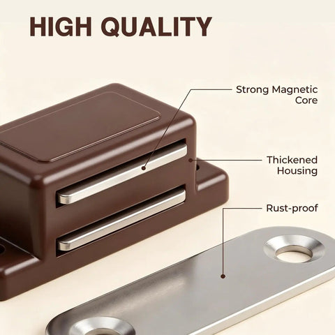 Close-up of Heavy Duty 12 Pack Brown Cabinet Magnetic Latch Door Catch For Cupboards Drawers Shutters with strong magnetic core.