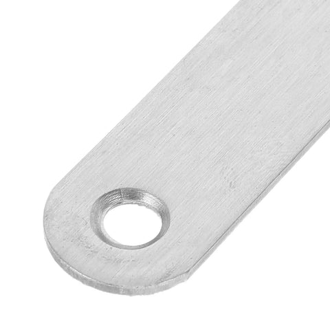 Close-up of Heavy Duty Stainless Steel Flat Straight Bracket Connector With Two Holes For Wood Furniture Repair And Shelf Fixing Mending Joining Plate