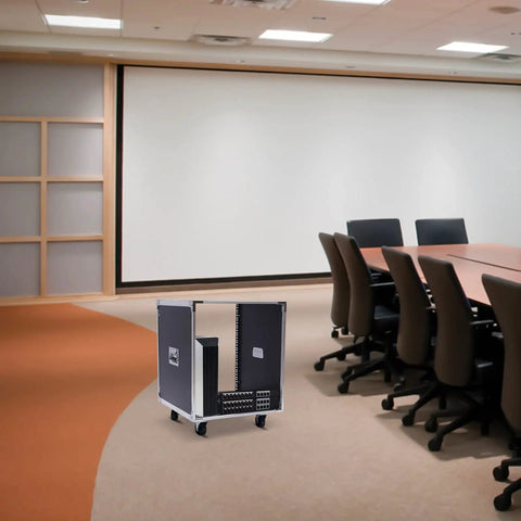 12U Heavy Duty Portable AV Rack With Smooth Operator Rolling Locking Casters And Badass Metal Cabinet For Indoor KTV Studios And Conference Rooms in an office setting.