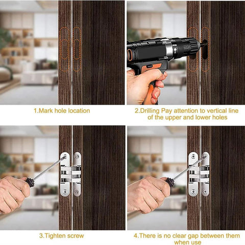 Installation process of Two Pack Concealed Hidden Hinges For Cabinets And Furniture, 180 Degree Cross Hinge, Zinc Alloy With Stainless Steel, 13x45 Mm, Invisible Mount, Durable, Easy Install.
