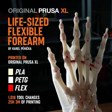 Life-sized flexible forearm model printed with Fire Five Toolhead CoreXY 3D Printer Engineered For Large Format Multi Material Prototyping.