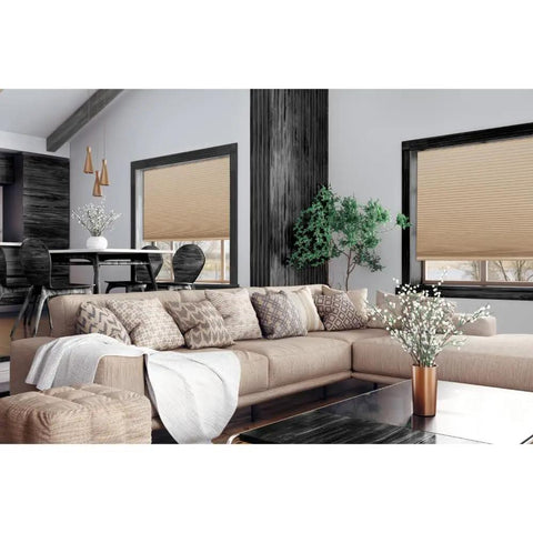 Living room with No Tools Easy Lift Cordless Pleated Shade For At Home Window Coverage, Light Blocking, Privacy, UV Guard, 1 1/4 Inch Pleats