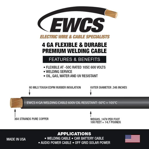 4 Gauge Premium Extra Flexible Welding Cable 600 Volt Black 25 Feet Made in USA Pro Grade Copper Wire for Rugged Heavy Duty Work Sunlight Resistant Water Resistant Coil Packed for Easy Use, 4 ga cable label