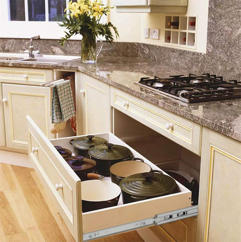 Kitchen drawer with 22 Inch Full Extension Drawer Slides With Ball Bearing Rollers, Heavy Duty Side Mount, smooth and quiet operation.