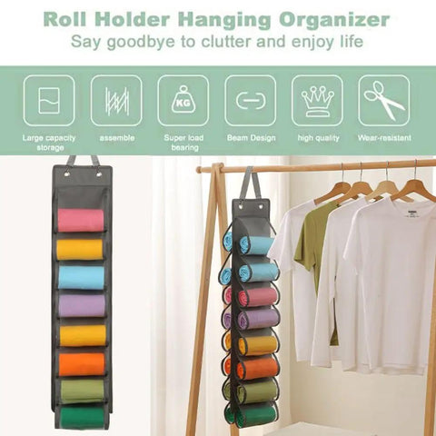 Top Tier Hanging Closet Organizer With Twenty Six Pockets For Leggings And Tees Plus Double Sided Oxford Fabric Rack in use, showcasing colorful rolls.