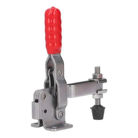 Top Tier Stainless Steel Arrow Storage Case Toggle Clamp With Durable Adjustable Latch For Heavy Duty Mechanical Equipment And Home DIY Projects You Need. Side view of heavy-duty toggle clamp with red grip.