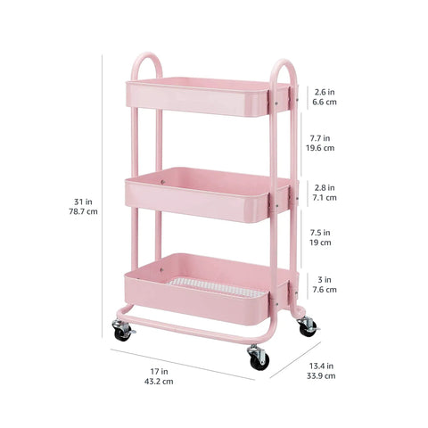 Slick Three Tier Rolling Metal Utility Kitchen Cart With Lockable Swivel Casters And Nifty Recessed Bins For No Stress Moving And Ultra Spacious Storage Solutions In Dusty Pink, measuring 31 in height.