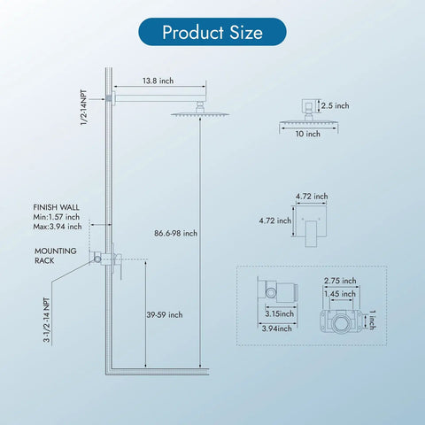 Matte Black Shower Faucet Set With 10 Inch Rainfall Shower Head, Wall Mounted Single Handle Valve System dimensions diagram