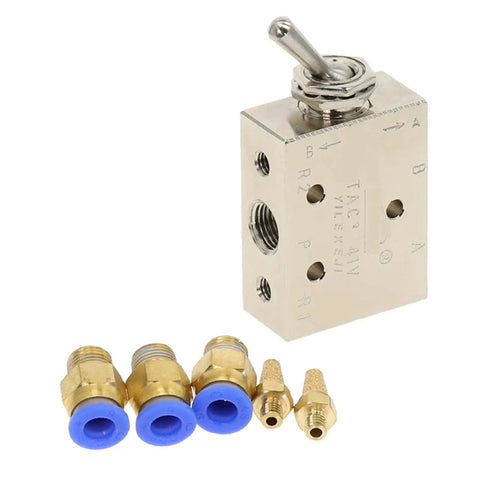 Dead Simple Self Locking Two Position Five Way Pneumatic Exhaust Valve Switch With One Inch Eighth Npt Fittings and Built In Tough Muffler.
