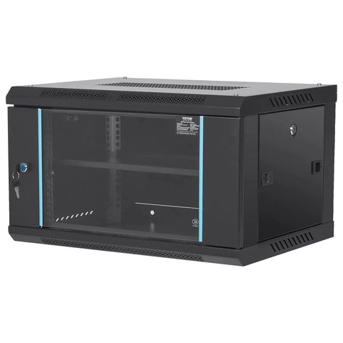 Slick Wall Mount Network Server Cabinet 6U Rack Enclosure Featuring Locking Glass Doors And 14.8 Inch Depth, black welded steel design.